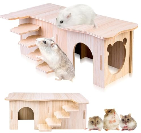 SPORWAY Wooden Corner Hamster House: Stepped Hamster Hideout with Ladder, Two-Room Hamster Platform for Dwarf Hamsters, for Small Pets Enclosures