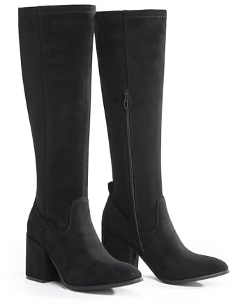 VIVASHOES Women’s Knee High Heeled Boots – Faux Suede Long Boots with Chunky Heel & Side and Pull On Tab – Stylish Tall Winter Booties for Autumn & Winter Outfits - Black 6