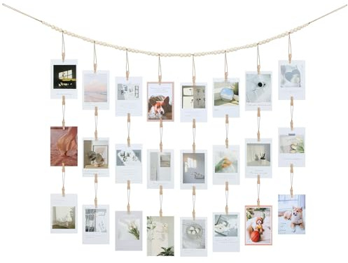 Colgador de Fotos con Pinzas para Pared, Cuerda de Madera con Bolas Decorativas, Soporte para Colgar Fotos con Pinzas y Postales, Portafotos de Pared DIY con Clips, Decor de Pare para Niños（34 Clips）
