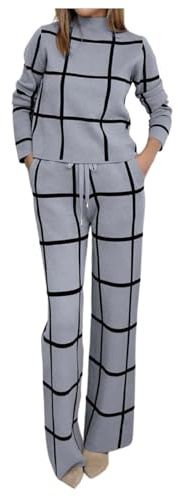 Vhersily Conjunto de 2 pantalones de mujer, de manga larga, pantalones anchos de 2 piezas, cuello medio alto, estampado a cuadros, blusa suelta, vestido de ceremonia elegante con botones, conjunto de