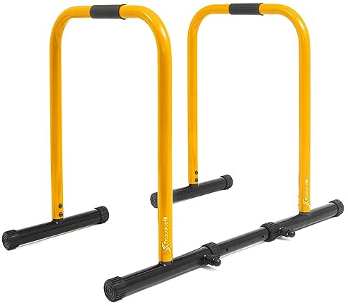 ProsourceFit Heavy Duty Dip Station, Parallel Bars with Safety Connector for Home Exercise, Strength Training, Tricep Dips, Calisthenics, and Workouts, Supports up to 400 LB, Yellow