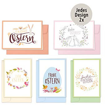 Osterkarten, Grußkarten-Set „Oster-Mix“ – 10 Klappkarten mit farblich passenden Umschlägen, 5 verschiedene Designs im Pastell-Stil