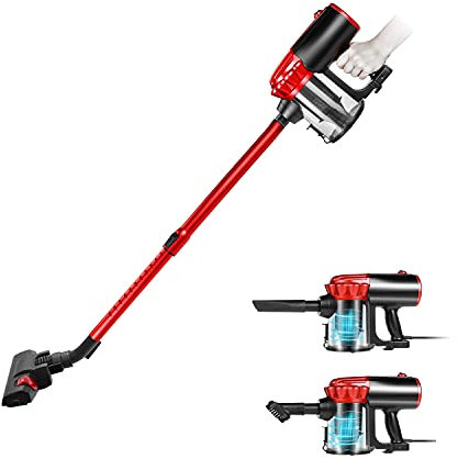 koticidsin Aspirateur Balai sans Sac, Aspirateur à Main 2 en 1(800W/16Kpa Puissance d'aspiration, Filtration HEPA, Brosse pour Sols Durs et Escaliers) Noir/Rouge