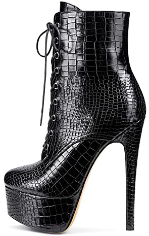 NobleOnly Scarpe col Tacco Donna Plateau Stivali alla Caviglia Cerniera Lacci Polacchine 16CM High Heels Nero Opaco Scarpe EU 37
