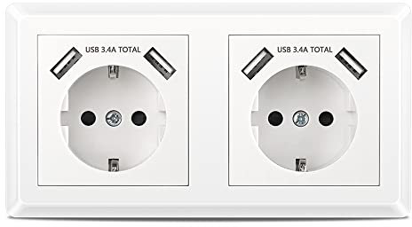 Kaifire Doppelsteckdose Mit USB Anschluss, Schuko Steckdose System 55 Reinweiß Komplett-Set inkl. Rahmen Unterputz Wandsteckdose Mit 4 USB Ladegerät für Smartphone Tablet MP3