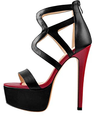 Only maker Sandalias de plataforma para mujer, sandalias de tira, tacón alto, Negro y rojo., 42 EU