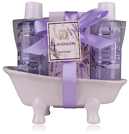 Accentra – Set doccia da donna LaVENDEL in bella vasca da bagno in ceramica – Set di 3 pezzi con gel doccia, bagnoschiuma e sali da bagno – Set regalo per compleanno, San Valentino e Natale