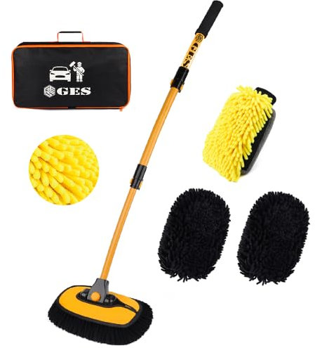 GES 43 Car Wash Brush,15° Curved Car Cleaning Brush with Extendable Extra-Long Handles for Washing Car Caravan Van Truck Soft Chenille Head Duster Cleaning Kit (Black and Yellow)