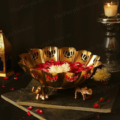 The Purple Tree Magnificent Urli Lotus Bowl with Elephant Stand for Diwali (Set of 1) Traditional Decorative Bowl for Floating Flowers and Tea Light Candles for Home, Diwali Urli,