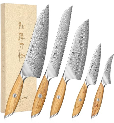 HEZHEN Damaskus köksknivset 5 delar, professionellt kockknivset i damaskusstål, Santoku-kniv, ergonomiskt olivträhandtag