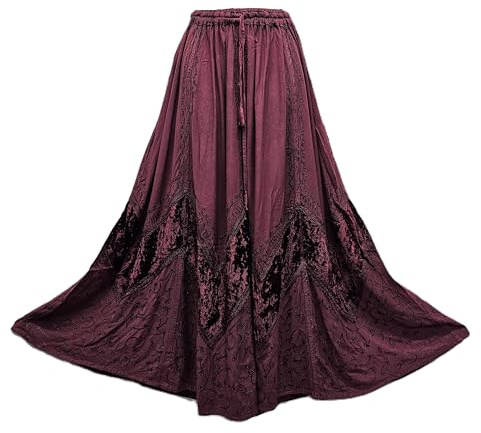 Maxi gonna invernale da donna in velluto gotico svasato tasche laterali elastico in vita coulisse taglia unica 12 14 16 18 20 22, Borgogna, Taglia unica