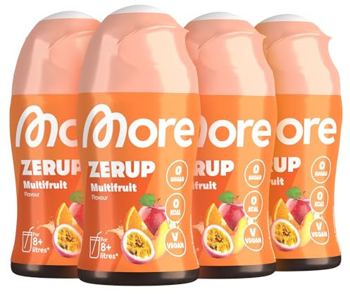 MORE Zerup, Multifrucht, 4 x 65 ml, für bis zu 32 l Fertiggetränk, zuckerfreier Sirup mit echten Fruchtextrakten, vegan, zero Kalorien - made in Germany
