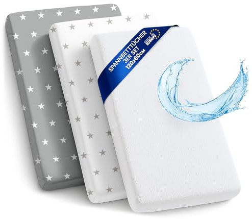Barnvagnslakan barn resårslakan 3-pack: Set om 3: 60x120 cm- 2x lakan + 1x vattentätt madrasskydd - Spjälsängstillbehör för barnsäng, sidovagn babysäng 60 x 120