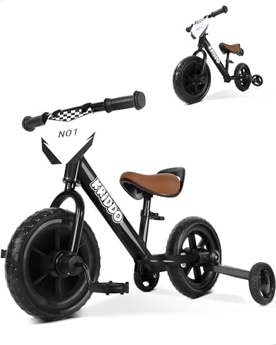 KRIDDO 2-en-1 Tricycle pour Enfants et draisienne 2 à 5 Ans, pédales Amovibles et Roues stabilisatrices repliables, Plaque Personnalisable, Jouet Tricycle pour Enfants de 18 Mois à 3 Ans, Noir