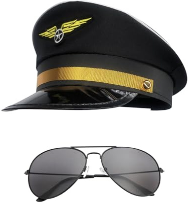 BORFUE 2Pcs Halloween Pilot Costume Set Adjustable Captain Hat Sunglasses Costume Accessories for Adults Teenager Cosplay Dress up Party