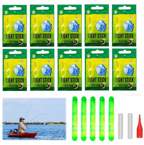 Tkxjry 50 Pièces Bâtons Lumineux pour la Pêche, 4,5 x 37mm Bâtons Lumineux Verts, Lumière de pêche de Nuit, Bâtons Lumineux pour Canne à Pêche, Fluorescent Baton Lumineux Peche, pour Pêche De Nuit