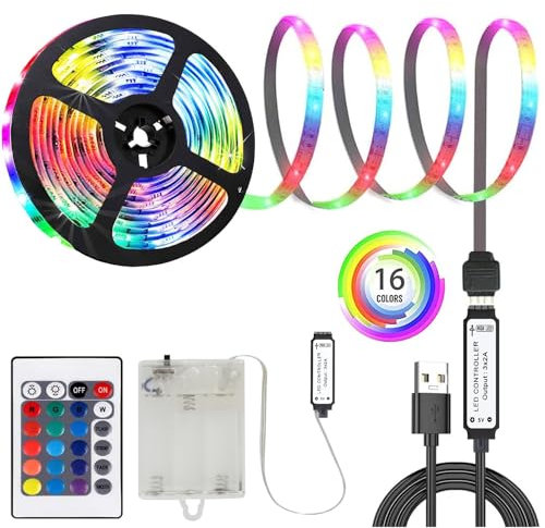 MUSUNIA Tira de luces LED de 2 m, RGB 5050, funciona con pilas o USB, intensidad regulable, 16 colores, recortable para TV, decoración de armarios, escaleras