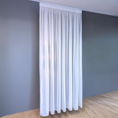Cortina confeccionada de poliéster de alta calidad en color blanco con elegante cinta fruncida (gasa lisa) (alto x ancho): 245/300 cm
