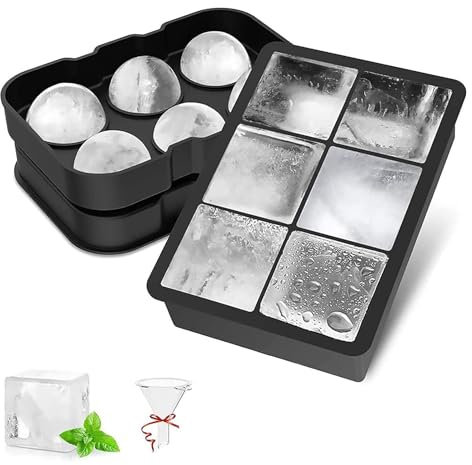 Cubetti Ghiaccio Silicone (Set da 2), Stampo Ghiaccio Grande & Ice Ball Maker con Imbuto, Rilascio Facile, Senza BPA Stampi Ghiaccio per Cocktail, Whisky, Alimenti per Bambini, Frutta, Gelati