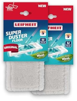 Leifheit SUPERDUSTER Floor M Staubbezug 2er Set, waschbarer Staubmopp für Bodenreinigung, trocken einsetzbar auf Fliesen, Laminat, Parkett, Staubwischer Boden, waschen statt wegwerfen