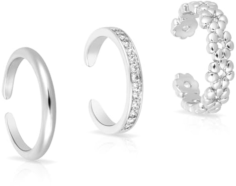 Mikovivi 3uds Anillos Dedos del Pie Plata, Juego de Anillos Dedos Abiertos Ajustables Flor Diamante Sencillo Anillo Joyería de Pie Verano Playa para Mujeres