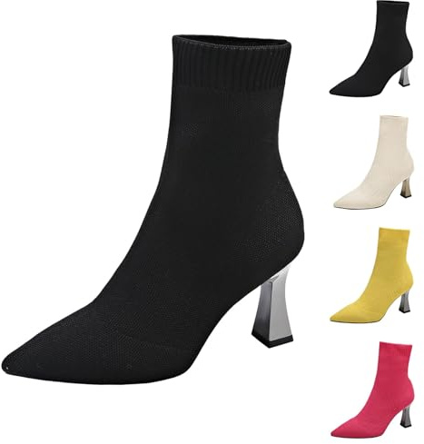 Bottines femmes avec talon pointu - Bottines à enfiler talon entonnoir bottes courtes tricot ankle boots élégantes confortables bottines femmes slip-on bottines chaussettes talons hauts festif