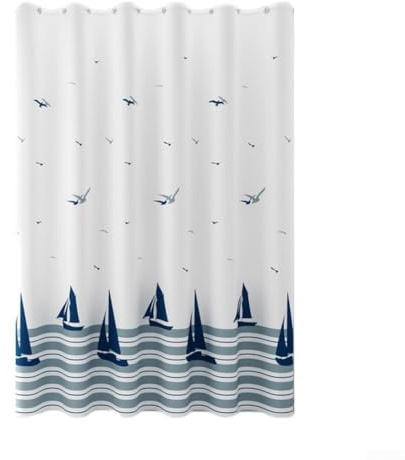 Cortina de ducha de poliéster impermeable con ganchos para baño, bañera o ducha, puerta y divisor de ventana, tela lavable resistente en azul y blanco, 180 x 200 cm (180 x 180 cm)