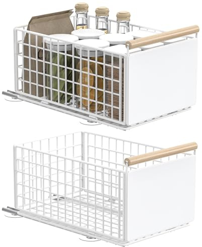 YheenLf 2 Stück Ausziehbare Schublade Küche Teleskopschublade,Kein Bohren Pull Out Cabinet Drawer Organizer,Geeignet für den Einsatz in Küchen und Badezimmern,39.5×23.5×19.5cm,Weiß,HCF003LW-2