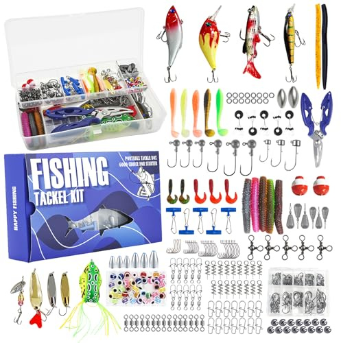 Juego de accesorios de pesca de 332 piezas, maletín con 2 estantes, con cebos, pesos de plomo, ganchos, pinzas para pesca, equipo de pesca en agua dulce y salada, regalo para pescador