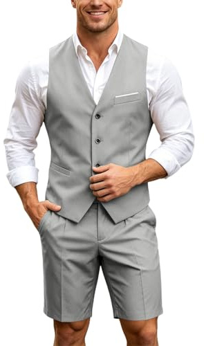Men's Sleeveless Waistcoat Suit Set Dress Shorts, 2-Piece Suit Sleeveless Blazer Jacket V-Neck Button Down, Chest Pockets and Piped Pockets, City Bermuda Shorts | Wedding Banquet Office Casual, XXL