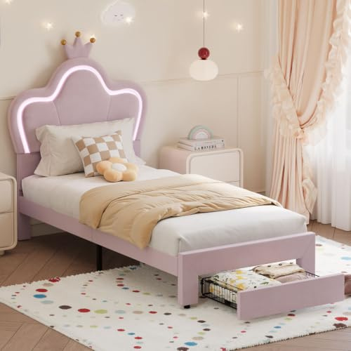 Aptliton 3ft Girls Single Bed with Storage Drawer, Princess Upholstered Bed Frame with Adjustable Pink Headboard, Sofe Velvet Crown Shaped RGB LED Headboard, Easy Assembly, Pink (No Mattress)