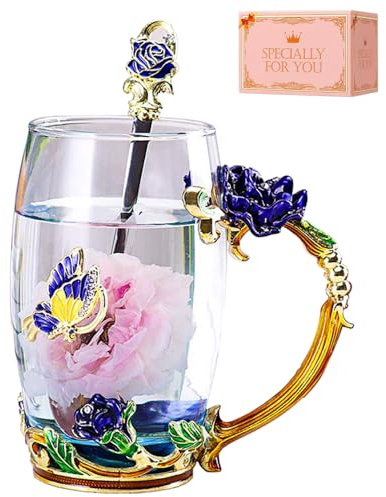DasyFly Butterfly Glass Tea Cup Blue Rose Coffee Mug,Personalized Women Gifts for Birthday Mothers Day Anniversary Christmas for Mum,Wife,Coworker,Female Friend,Sister,Girlfriend,Grandma