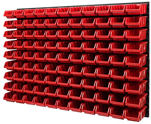 Étagère murale avec boîtes empilables - Panneau perforé 1152 x 780 mm - 99 pièces - Système de rangement - Panneau perforé à outils (rouge)