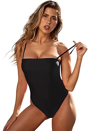 RELLECIGA Women's Black Bathing Suit Adjustable Thin Shoulder Straps Bandeau One Piece Size Large
