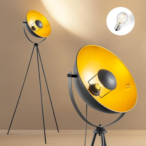Home Sweet Home Dreibein Stehleuchte Industrie Design, Vintage Scheinwerfer Retro Bodenlampe Schwarz-Gold, 148cm Metall Stativlampe für Wohnzimmer & Schlafzimmer, Inkl. Leuchtmittel