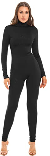 dPois Womens One Piece Turtleneck Long Sleeve Dance Unitard Full Length Jumpsuit Catsuit Skin Tight Leotard Clubwear Black M