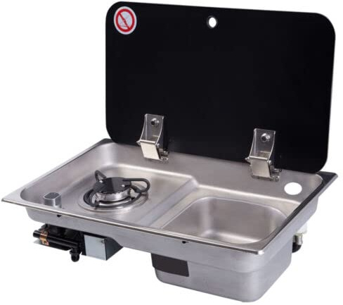 Gas Camping Stove Burner, Boat Caravan Camper Gas Stove Hob and Sink Combo with Glass Lid Gr-903, Outdoor Gas Stove Burners Gas Cooktop