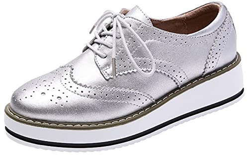ANUFER Damsneakers med snörning, brogues, vardagsskor, platå, Creepers, Silvermatt, 41 EU