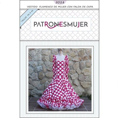 Patrón de costura vestido flamenco de mujer con falda de capa. Instrucciones para hacerlo tú misma. Tutorial en vídeo para ayudarte a realizarlo. Talla 36 a la 52. Patrón multitalla en papel.