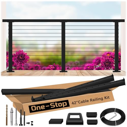 Zylorix 4ft-8ft Complete Set 42 Deck Cable Railing System with Handrail Cuttable, T304 Stainless Steel Black Level Drilled Cable Railing Posts Kit with 1/8 Cable Railing Hardware for Outdoors