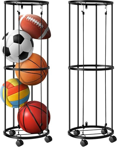 GIONAR Vertikales Ballständer - 33x102 cm Ball Aufbewahrungsregal mit 4 Räder -Metall Ballhalter Ballaufbewahrungsorganizer für Volleyball, Basketball, Fußball