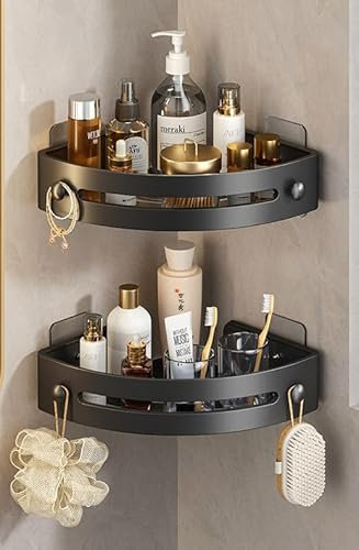House Bits Ltd 2 x Corner Shower Shelf, No Drill Shower Organiser with Adhesive Pad, Strong Plastic Shower Storage for Bathroom, Kitchen, Toilet (Black)