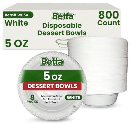 Betta 5 Oz Disposable Plastic Small Dessert Bowls, White, 800 Count, Bulk Case for Schools, Breakrooms and Cafeteria, Microwave Safe (8 Pack Per Box x100)