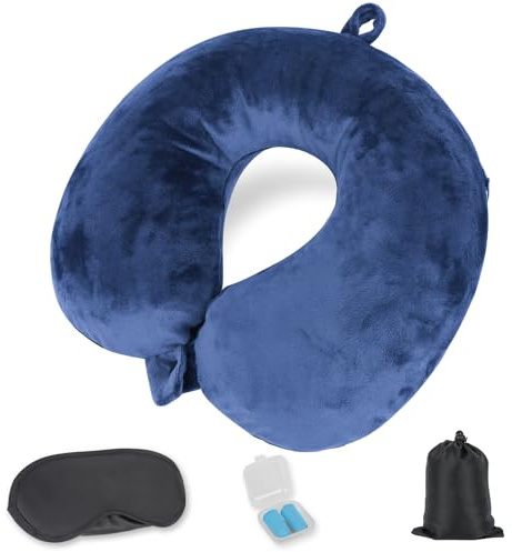 Cozary Oreiller De Voyage Gonflable, Coussin de Voyage, Pliable et Portable, avec Masque pour Dormir, Bouchons d’Oreilles, Sac Transport, Applicable aux Avions, aux Voitures et aux Bureaux-Bleu