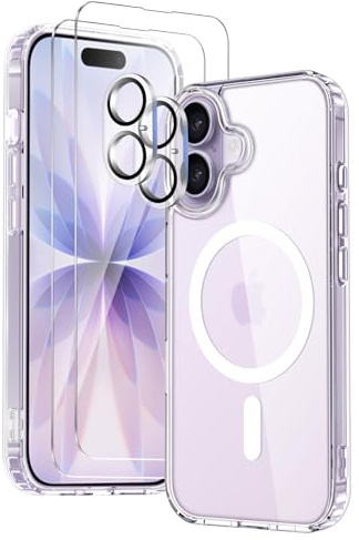 COPIKE Funda Magnética para iPhone 17 con 2 Cristal Templado y 2 Protector Cámara, Compatible con MagSafe, Carcasa Antigolpes Anti-Amarillo Tapa Trasera Resistente Arañazos, Transparent