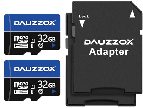 Cartes Micro SD 32Go Lot de 2, DAUZZOX Carte Micro Mémoire MicroSDHC U1 C10 UHS-I, Lecture Maximale 80 Mo/s, pour Smartphone, Appareil Photo, Surveillance, Enregistreur de Conduite, avec Adaptateurs
