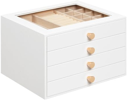 HOOBRO Portagioie Moderno con 4 Cassetti, Portagioie 23 x 20 x 15,6 cm con Finestra Trasparente e Interno in Velluto per Anelli Orecchini Collane Orologi, Bianco EWT25JB04