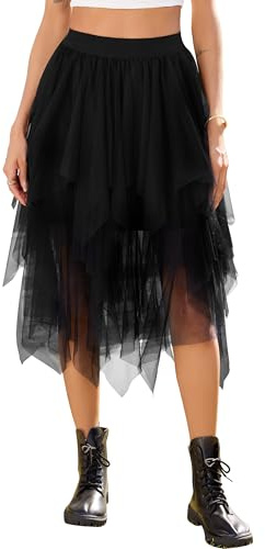 Lovasy Gonna Tulle Donna Irregolare Midi Gonne tutù a Rete Vita Alta Elastica Gonna Balletto Asimmetrica Multistrato Gonne a Pieghe Principessa per Halloween Natale Party Prom,A-Nero,XXL/3XL
