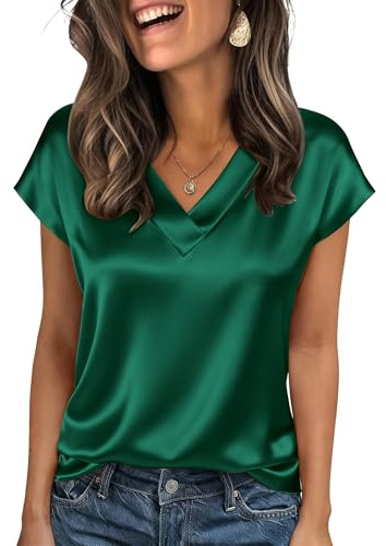 Zeagoo Womens Shirts Satin Short Sleeve Blouse Fashion V Neck Silk Tops Business Work Outfits Clothes Green