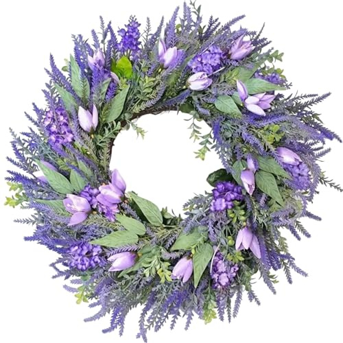 66 cm stor blomkrans konstgjord som äkta – lila tulpaner och lavendel dörrkrans för ytterdörr – realistisk vårkrans och sommarkrans – handgjord dekoration utomhus (lila)